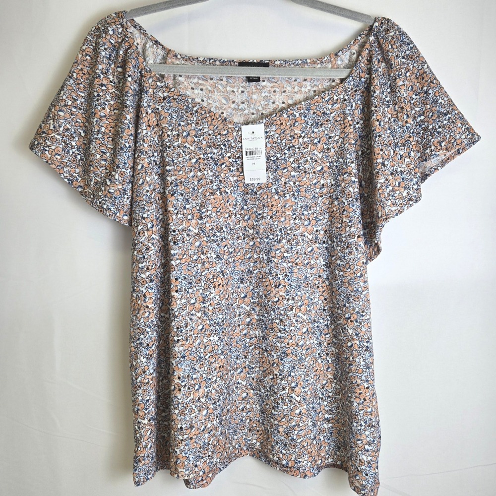 Ann‎ Taylor Factory Ditsy Floral Eyelet Short Flutter Sleeve Blouse, Medium, New